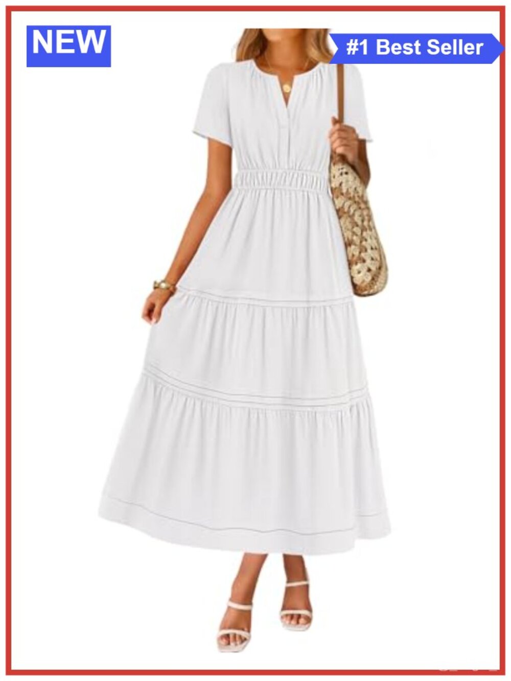 Boho Midi Dress Short Sleeve Henley V Neck Pockets Tiered A-Line